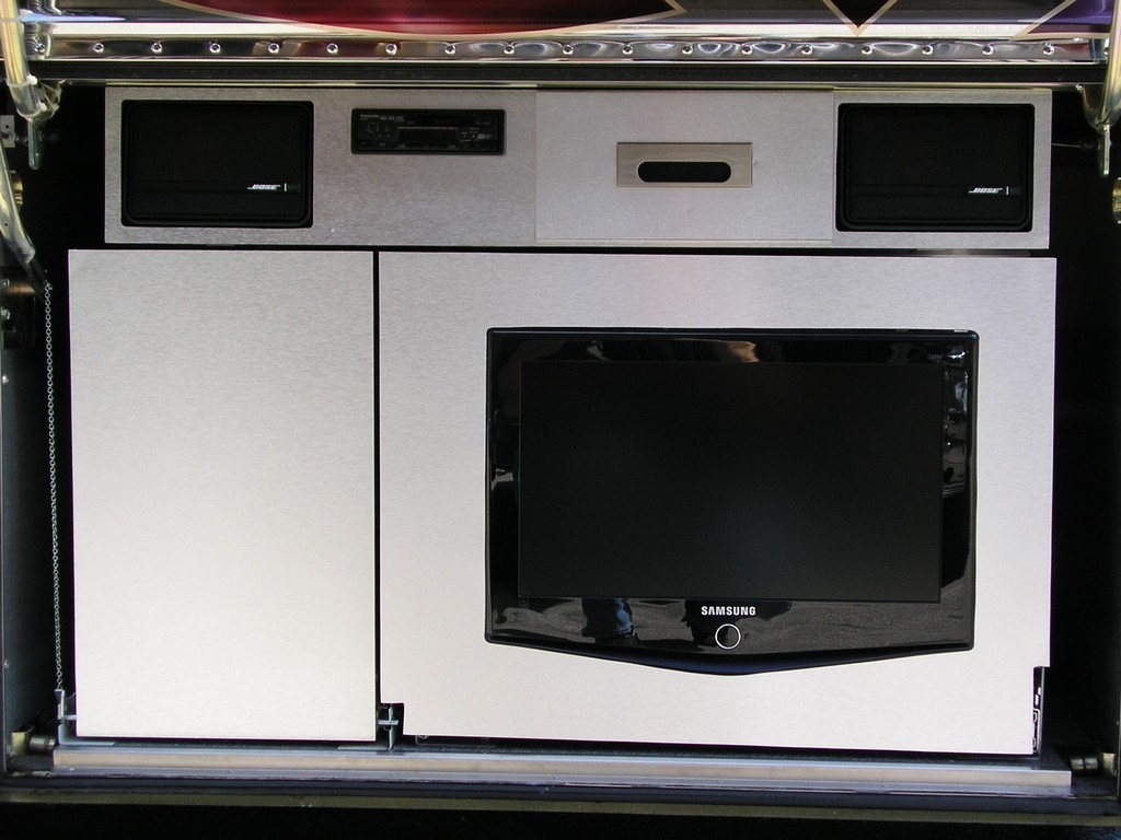 01 Prevost, XL, XLII, H3, Motorhome, Country Coach Bay Cabinet and TV designed by Excalibur Coach.jpg